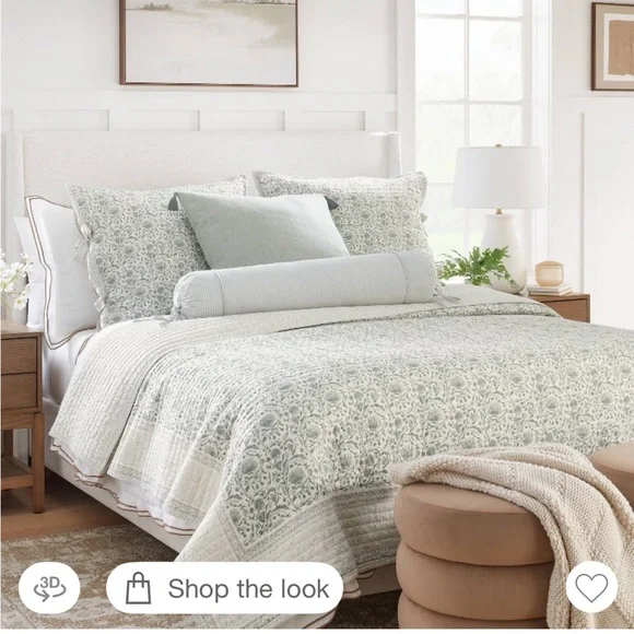 Studio McGee Decorated Border Cotton Slub Print Quilt , Light Teal Green - Picture 8 of 16